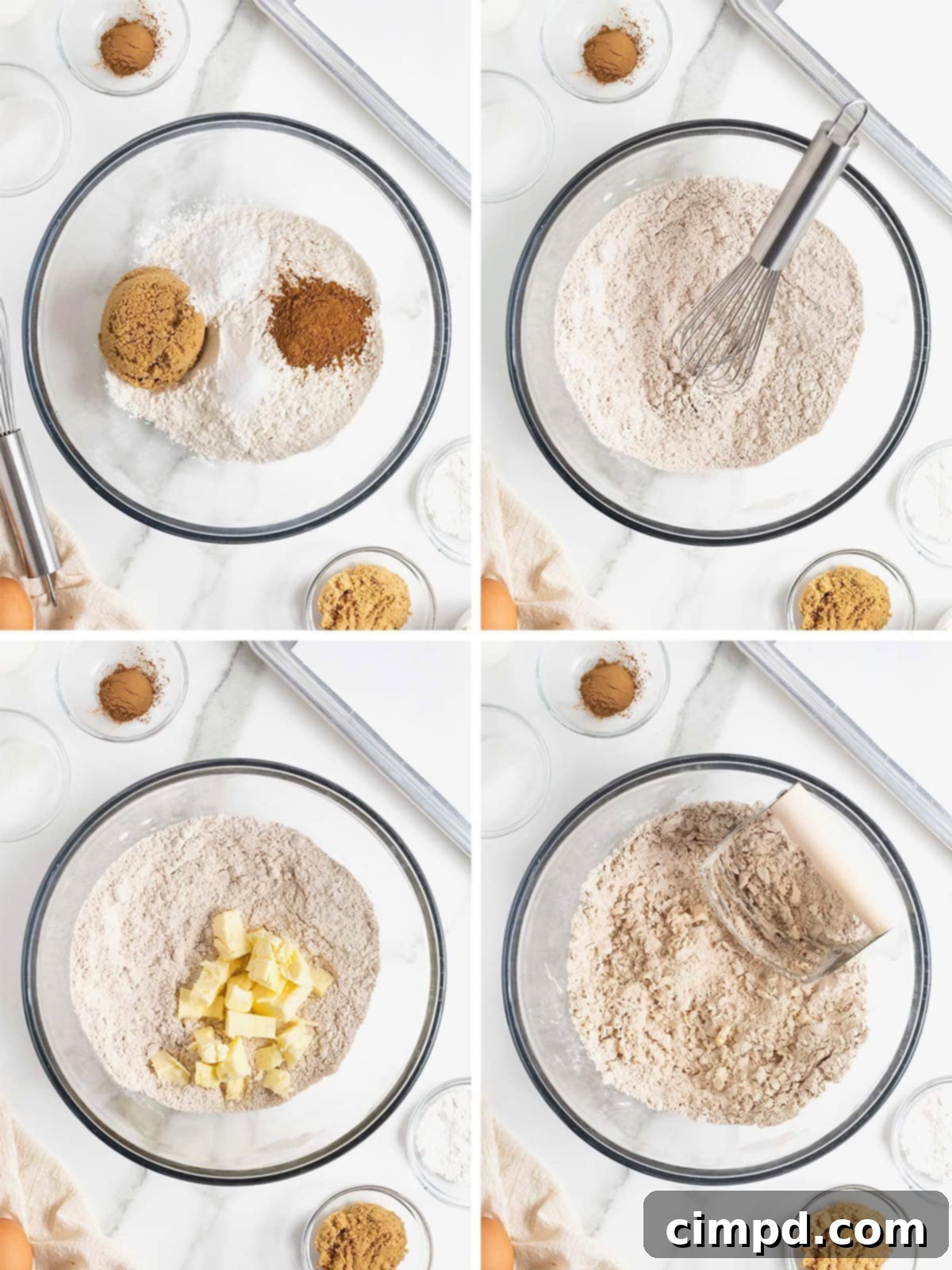 Step-by-step images showing the preparation of snickerdoodle streusel scones, including combining dry ingredients and cutting in butter.