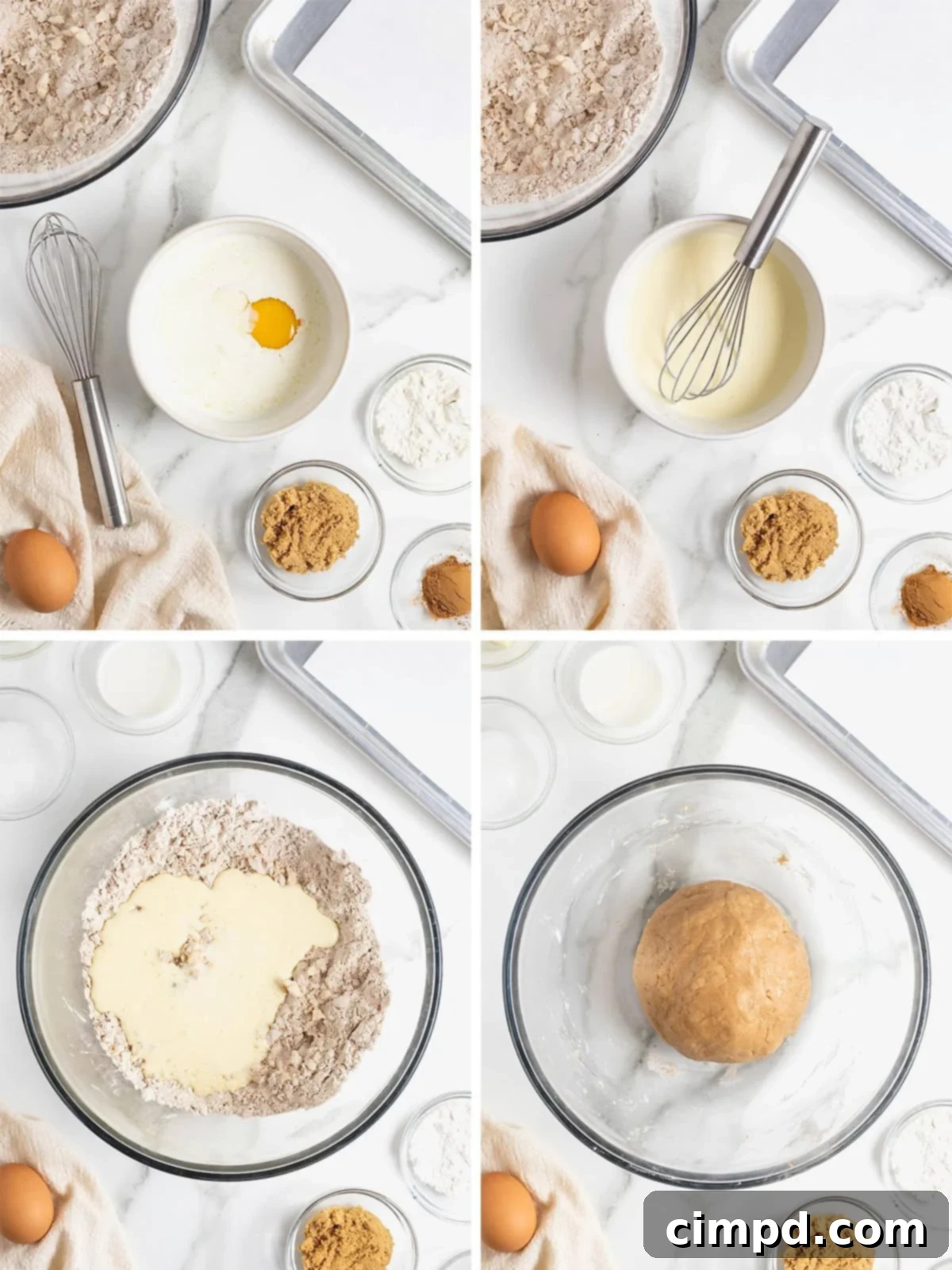 Further steps in making snickerdoodle streusel scones, showing the addition of wet ingredients and forming the dough.