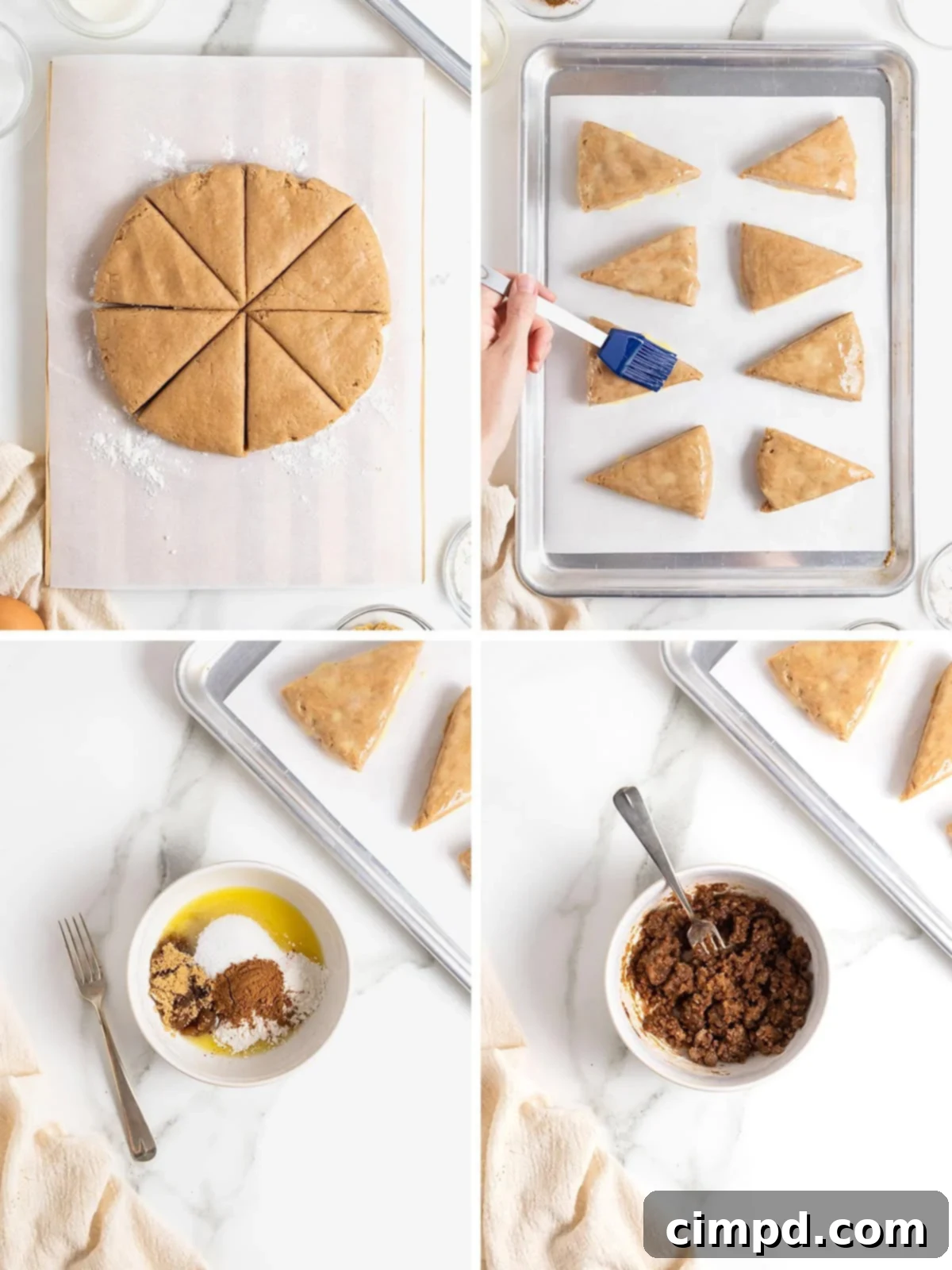 The final stages of snickerdoodle streusel scone preparation, including applying streusel topping.