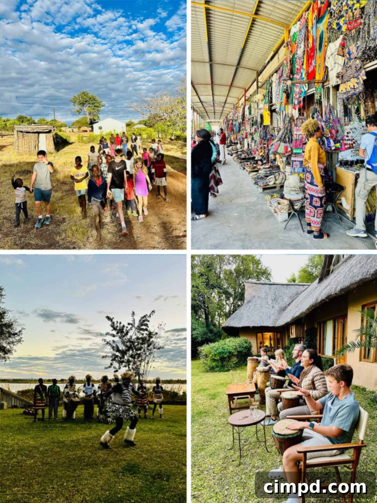 Exploring the Wonders of South Africa and Zambia 13 Zambia collage featuring village visit and cultural performance.