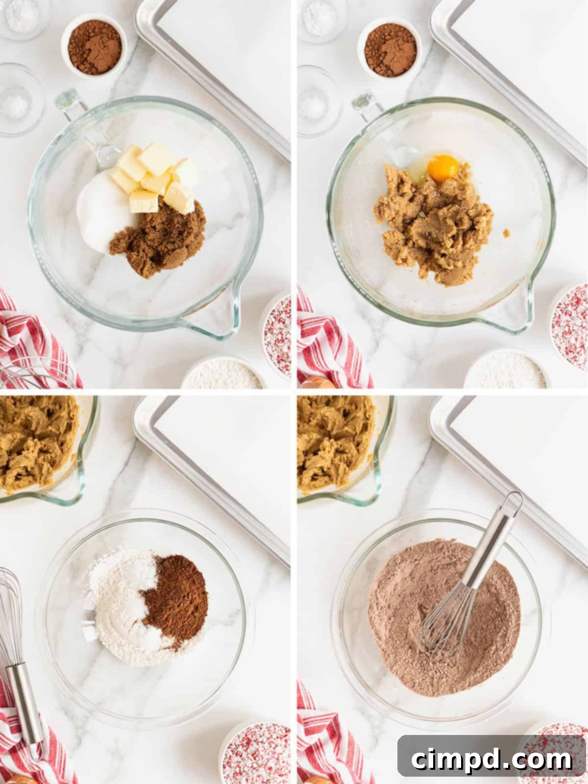 A clear visual step-by-step guide illustrating the initial stages of preparing chocolate peppermint crunch cookie dough, showing ingredients being mixed.