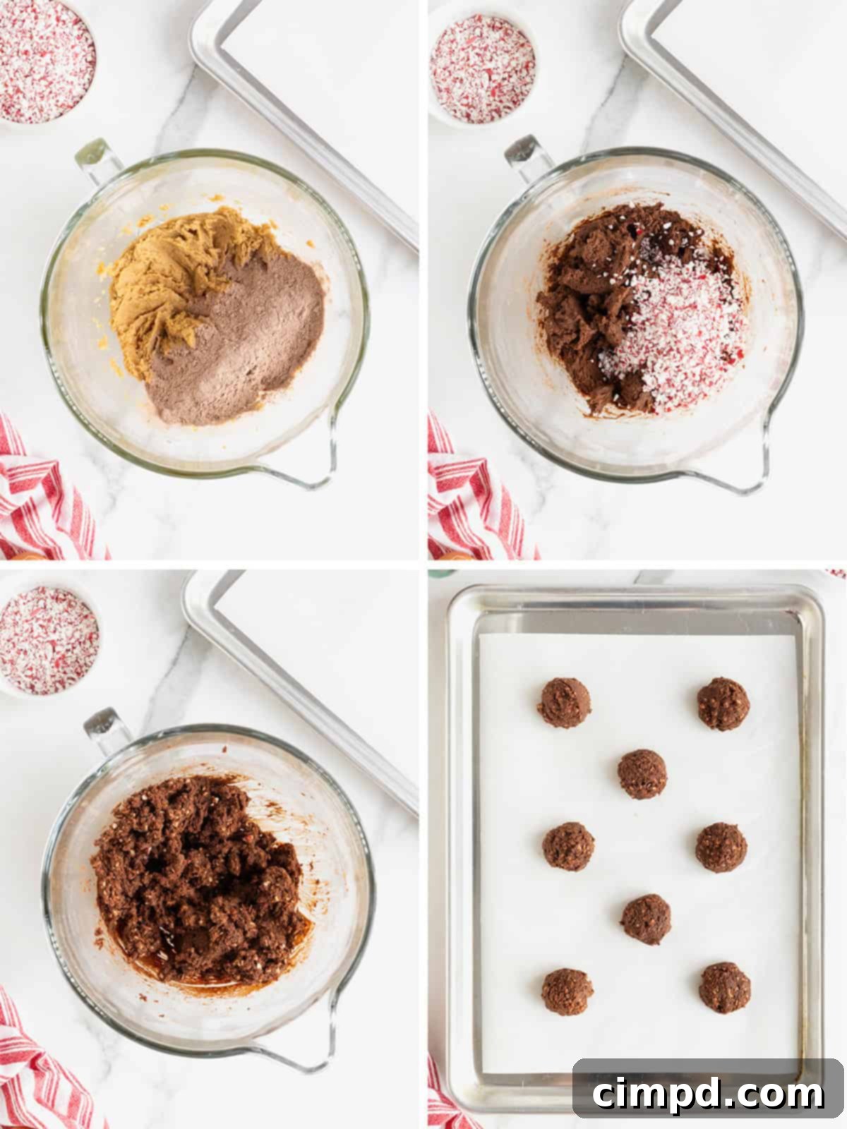 Detailed steps demonstrating the preparation and arrangement of chocolate peppermint crunch cookies on a baking sheet, ready for the oven.