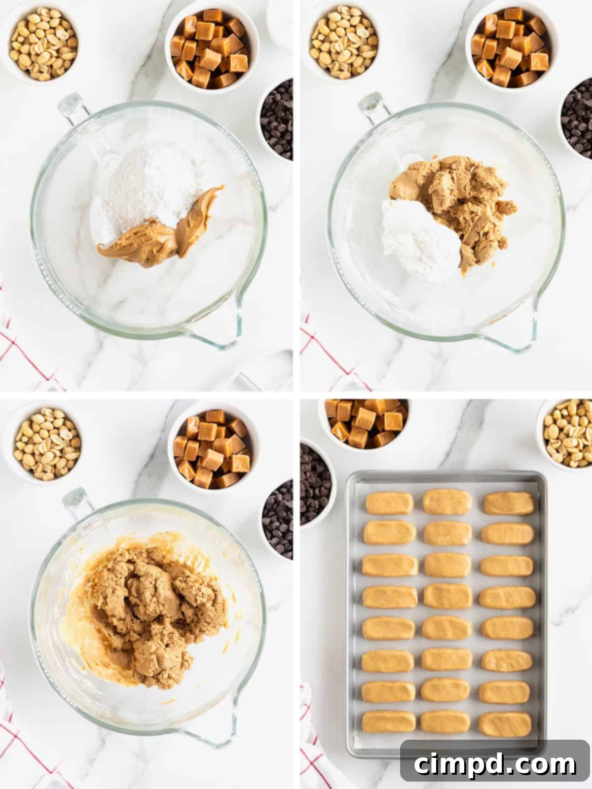 Chewy Homemade Snickers Treats 6 A visual step-by-step guide illustrating the initial stages of crafting delicious Snickers Bites, showing nougat shaping and peanut placement.