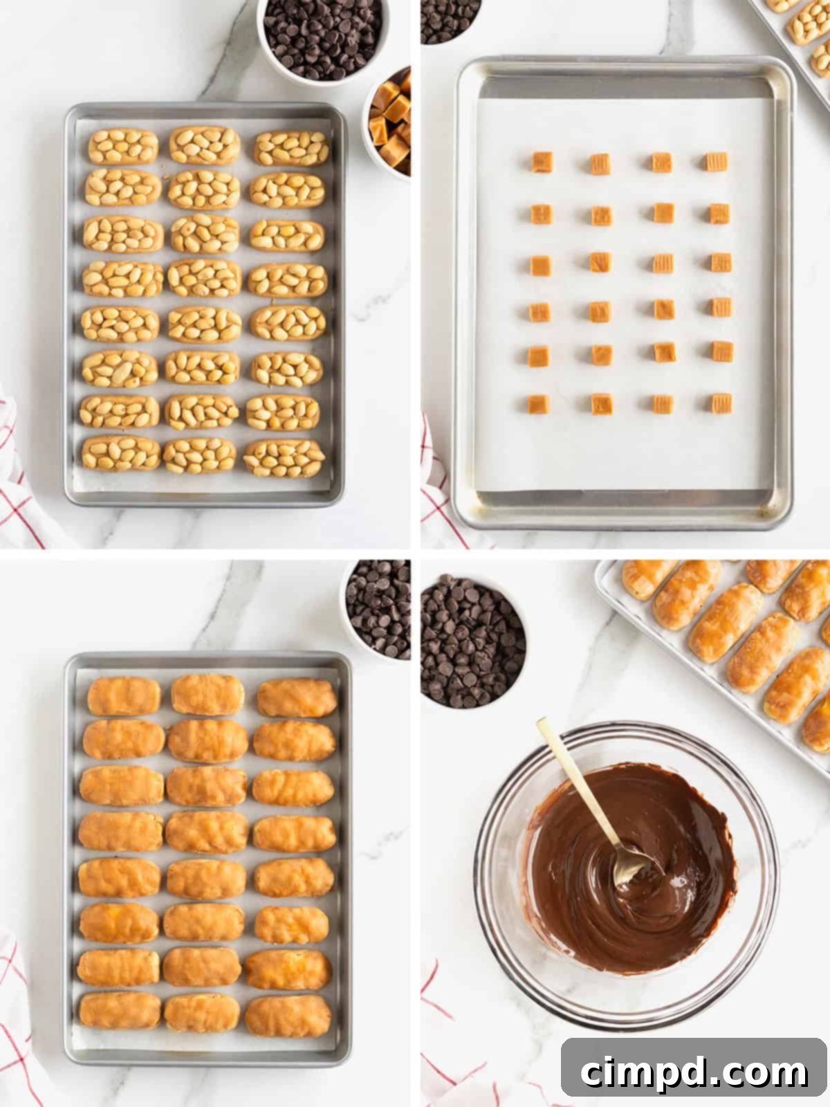 Chewy Homemade Snickers Treats 7 A visual step-by-step guide showcasing the caramel softening and chocolate coating process for delicious Snickers Bites.