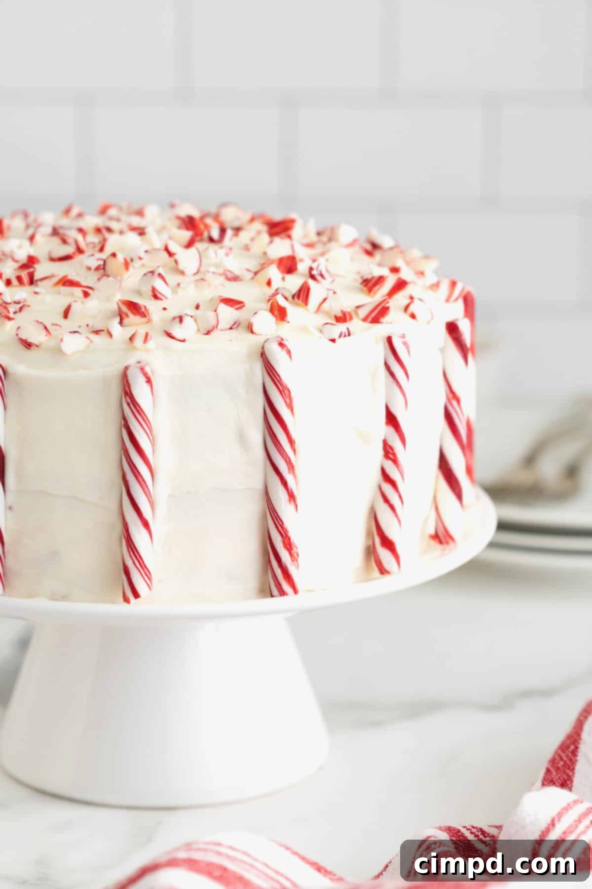 Peppermint Swirl Cake 3 A beautifully decorated two-layer cake with pristine white frosting, adorned with whole candy canes and delightful pieces of crushed candy cane, ready for a festive celebration.