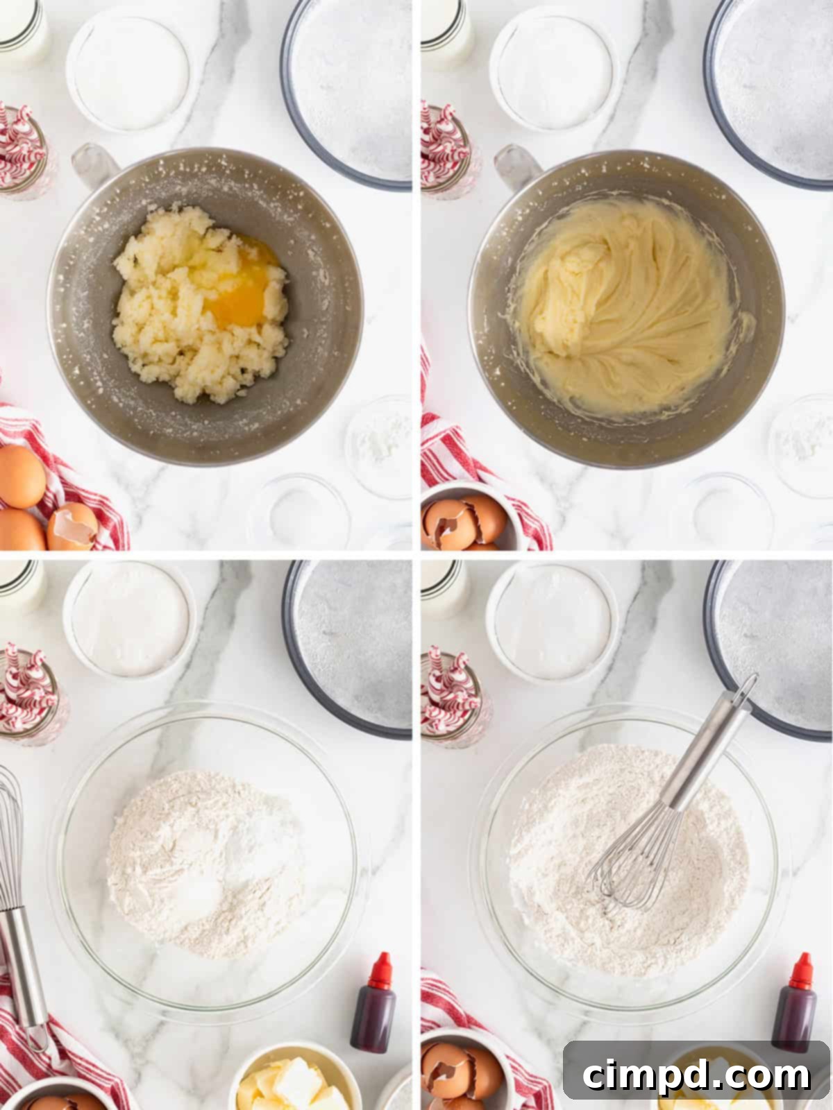 Peppermint Swirl Cake 7 Illustrated steps detailing the process of preparing cake batter for a vibrant candy cane cake, showing the mixing of wet and dry ingredients.