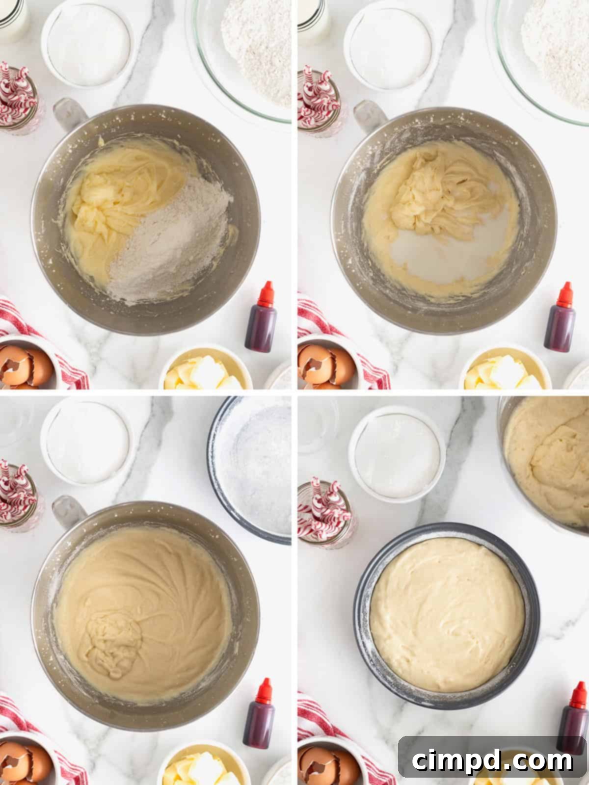 Peppermint Swirl Cake 8 A sequence of images demonstrating the process of making candy cane cake batter, including dividing and coloring the mixture for festive layers.