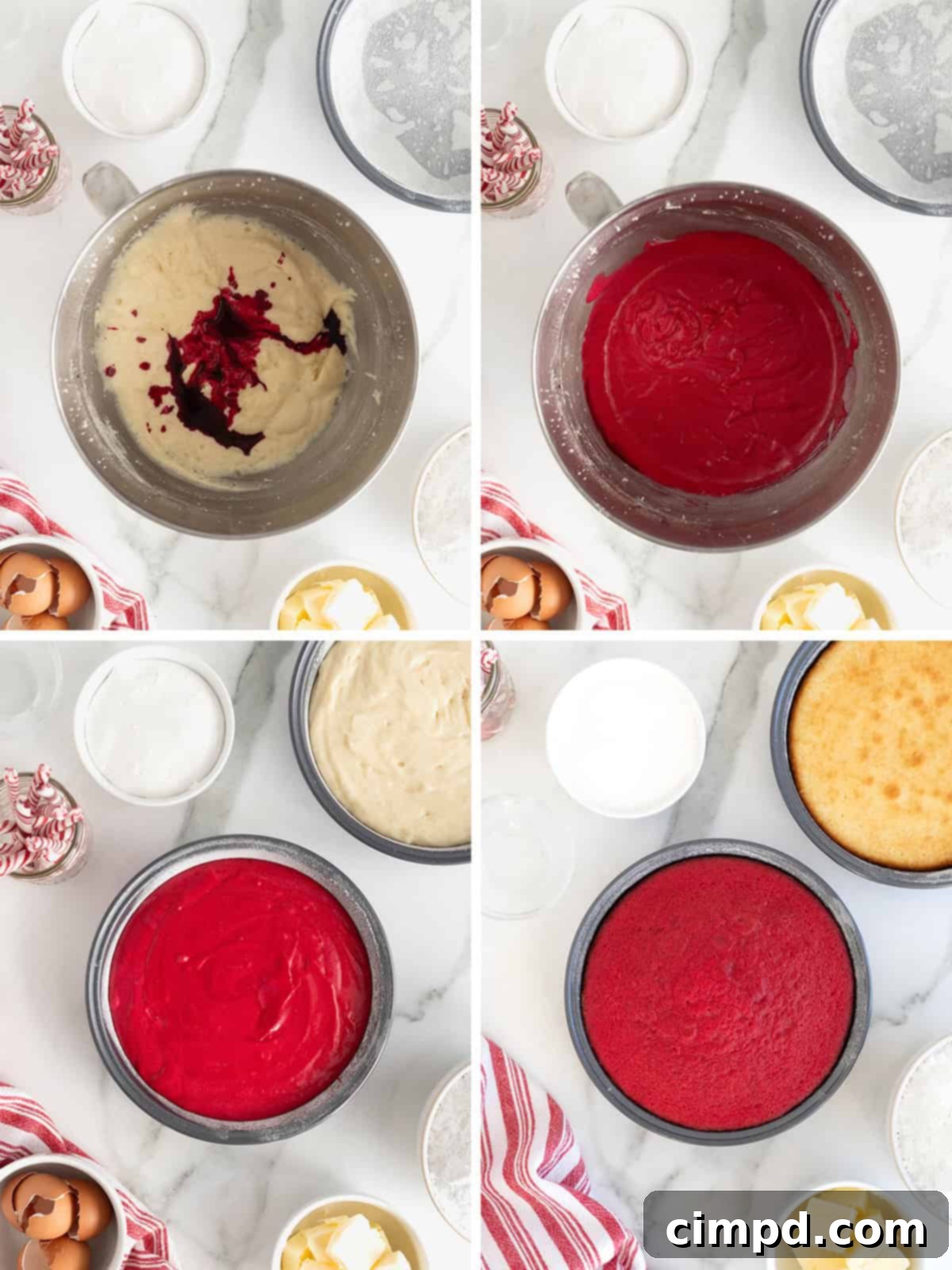 Peppermint Swirl Cake 9 Sequential photographic instructions for baking a candy cane cake, showing stages of baking and cooling the vibrant red and white layers.