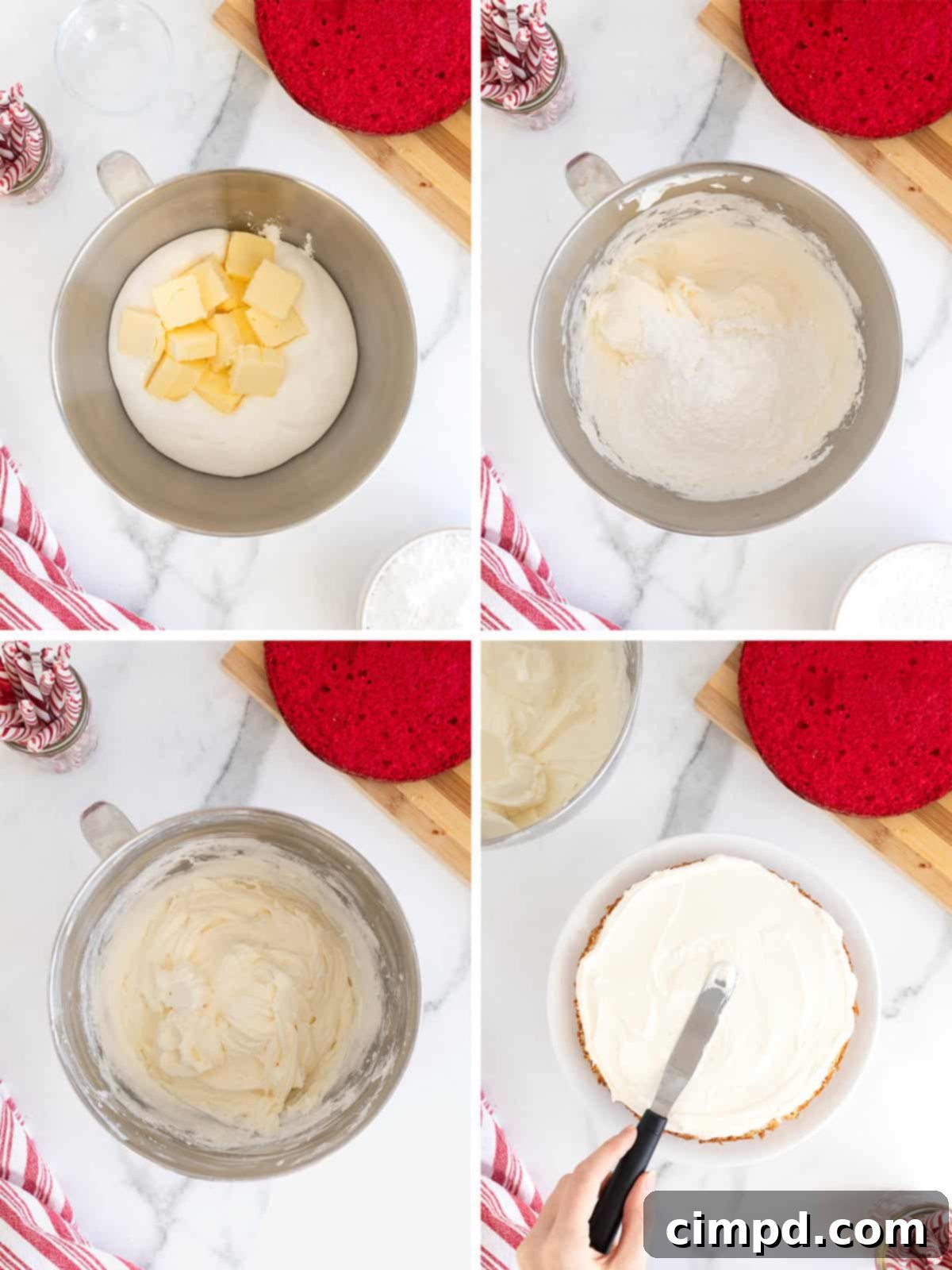 Peppermint Swirl Cake 10 Illustrated steps demonstrating the assembly of a candy cane cake, showing the frosting and stacking of red and white layers.