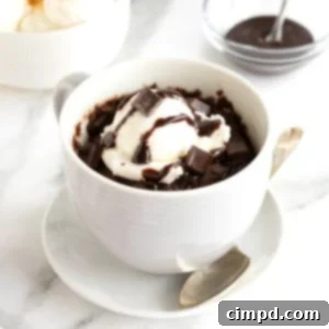 Speedy Chocolate Mug Brownie 10 A brownie topped with a scoop of ice cream and a drizzle of chocolate sauce in a white mug on a white saucer.