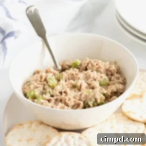 My Tuna Salad 10 A white bowl of tuna salad with a metal spoon sticking out. The bowl is sitting on a white dinner plate surrounded by round water crackers.