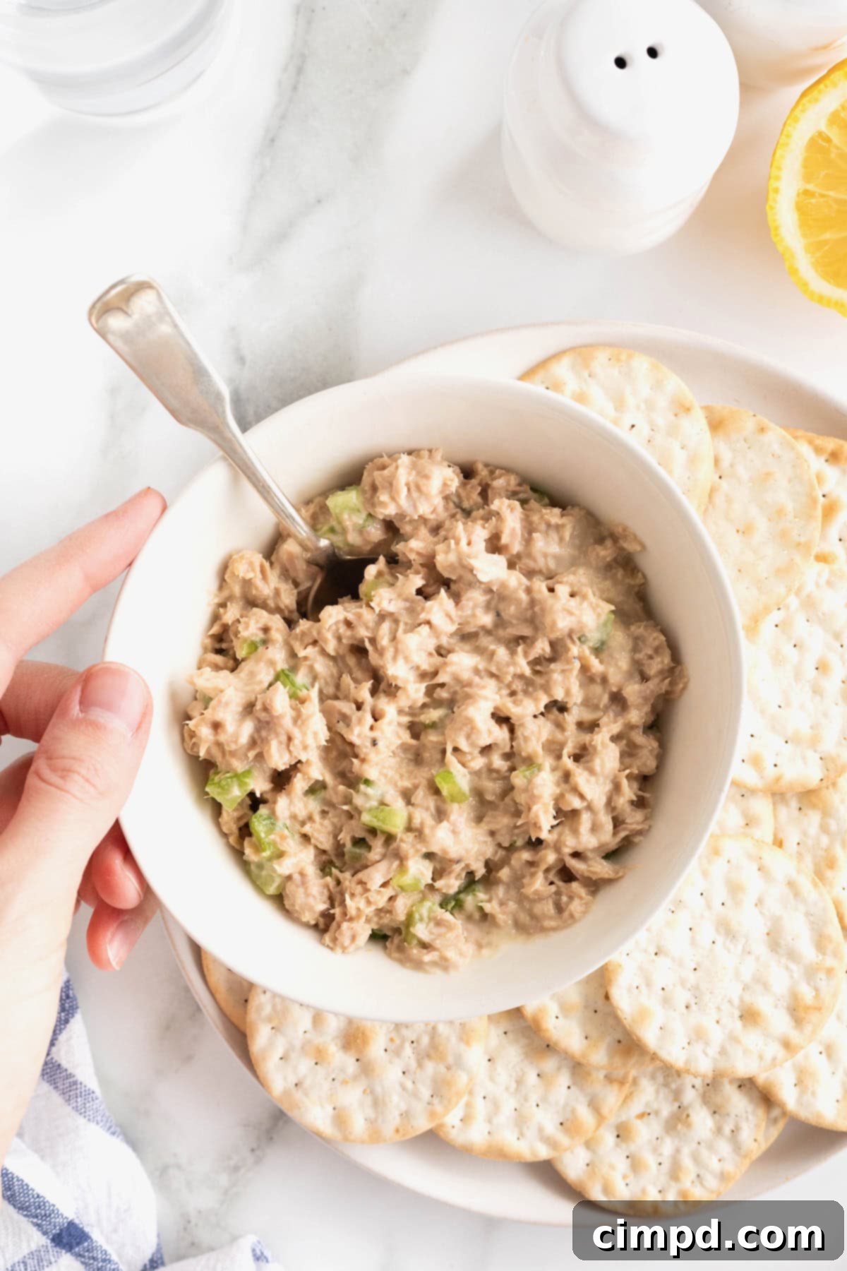 My Tuna Salad 4 A white bowl of tuna salad with a metal spoon sticking out. The bowl is sitting on a white dinner plate surrounded by round water crackers.