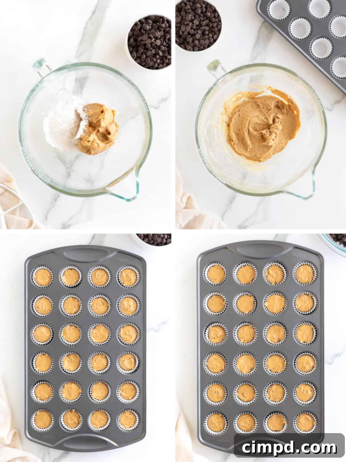 Three Ingredient Peanut Butter Cups 7 A visual step-by-step guide illustrating the process of making homemade Peanut Butter Cups, from mixing to shaping and freezing.