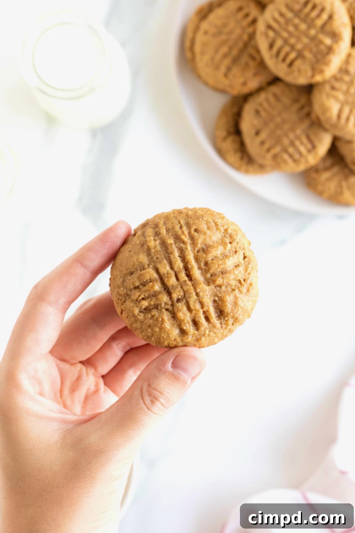 Wholesome Peanut Butter Quinoa Cookies 4 A hand gently holds a freshly baked peanut butter quinoa cookie, with a serving plate stacked high with more cookies blurred in the background, inviting viewers to take a bite.
