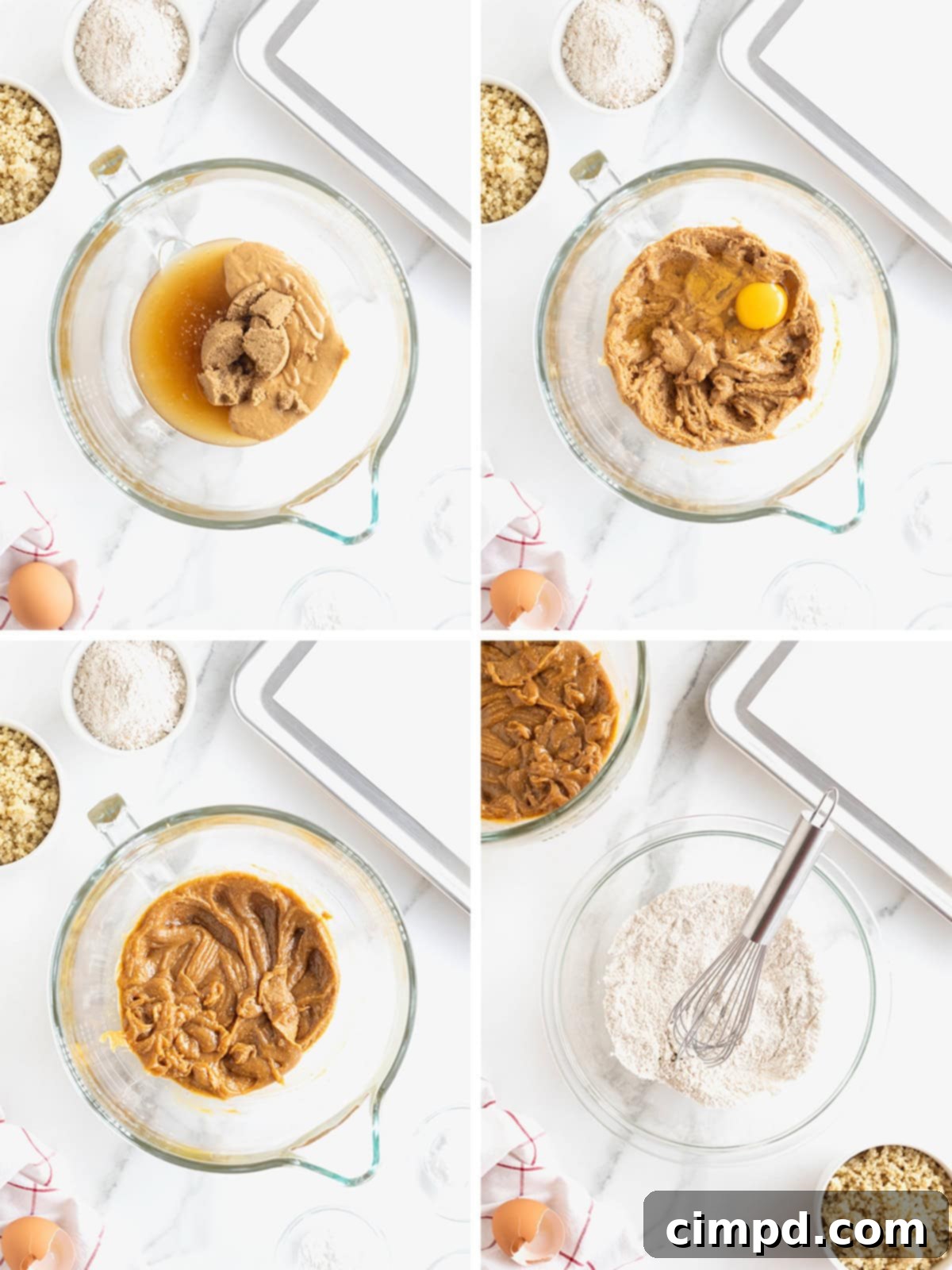 Wholesome Peanut Butter Quinoa Cookies 6 A visual step-by-step guide illustrating the initial stages of making peanut butter quinoa cookies, showing ingredients being mixed in bowls.