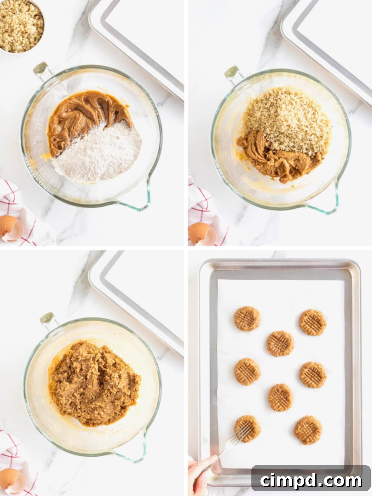 Wholesome Peanut Butter Quinoa Cookies 7 The second part of the visual step-by-step guide for making peanut butter quinoa cookies, demonstrating how to roll and flatten the dough and create the crisscross pattern.