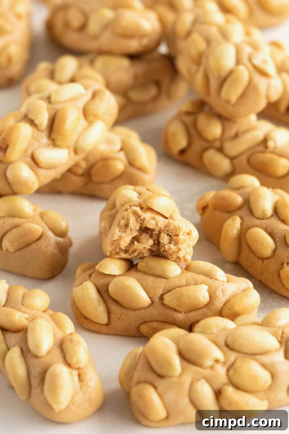 PayDay Treat Squares 3 A parchment lined surface stacked with PayDay Bites.