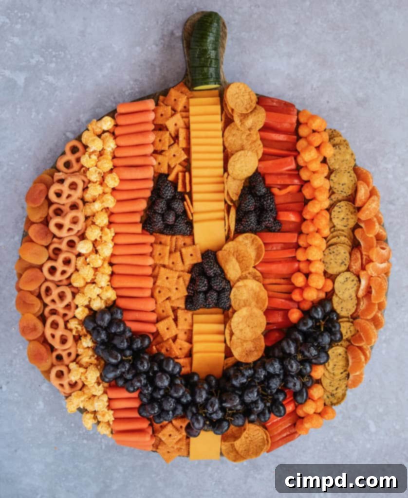 A festive pumpkin-shaped snack board filled with a variety of colorful and autumnal treats, perfect for fall gatherings.