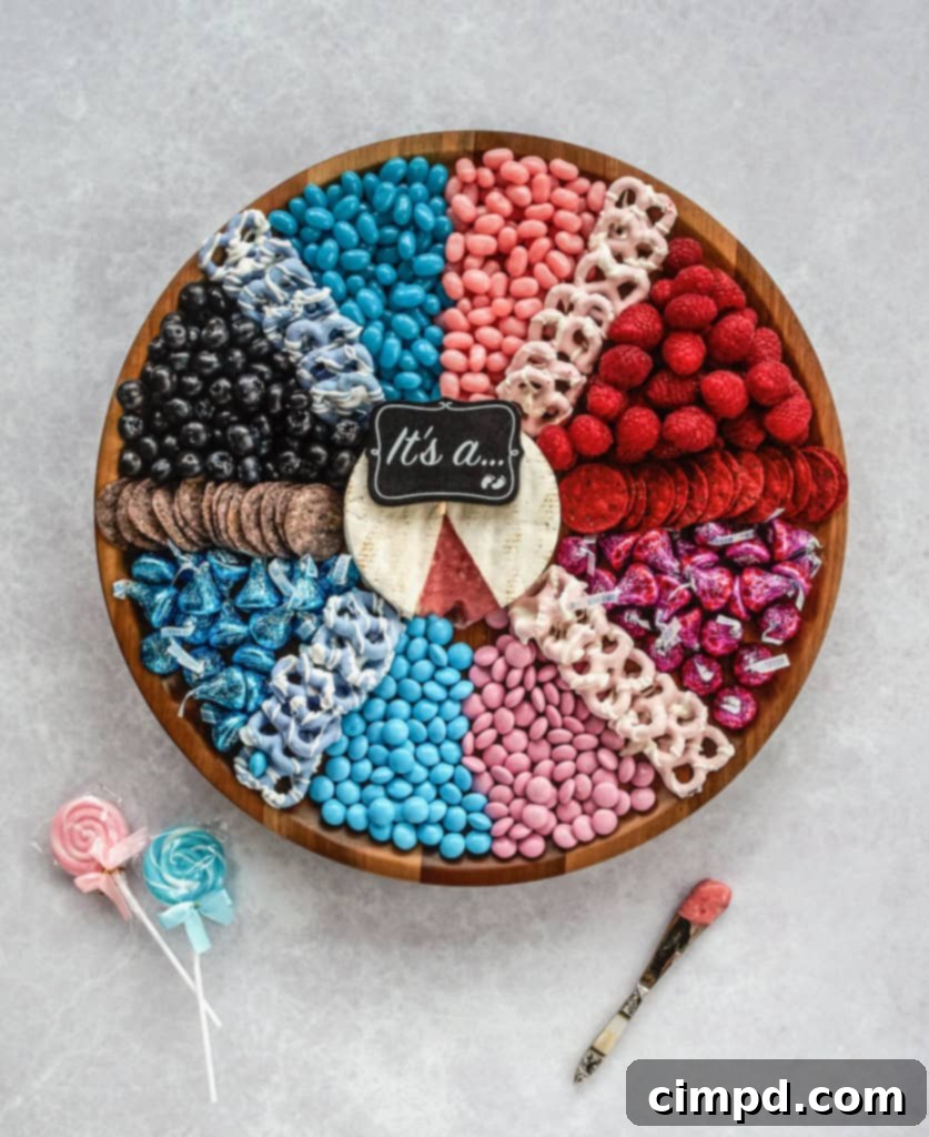 A gender reveal board on a white marble counter, featuring a mix of pink and blue candies, fruits, and cheeses.