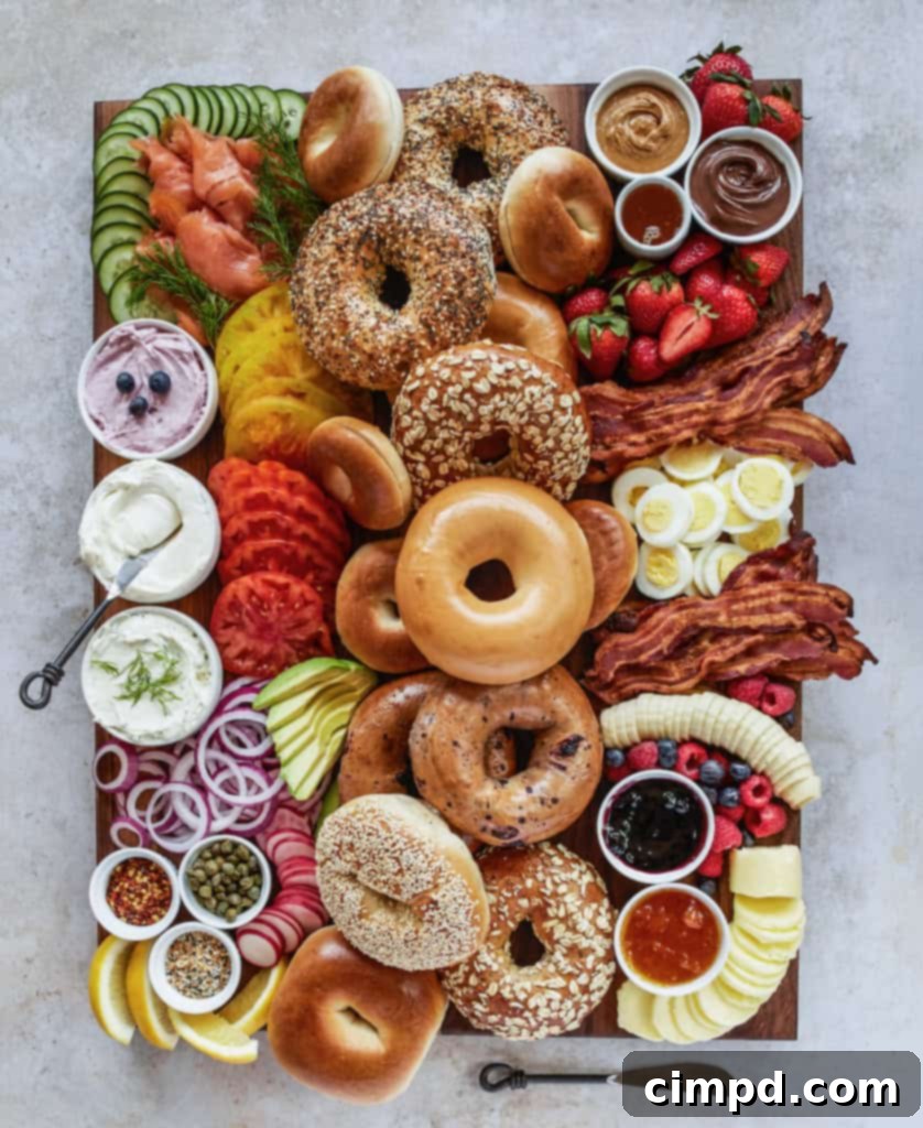 A beautifully arranged bagel board featuring an assortment of bagels, cream cheeses, smoked salmon, capers, and fresh garnishes, perfect for brunch.