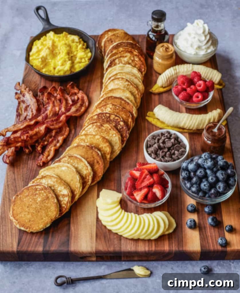 A vibrant pancake breakfast board featuring fluffy pancakes, fresh fruits, syrups, and various toppings for a delightful family meal.