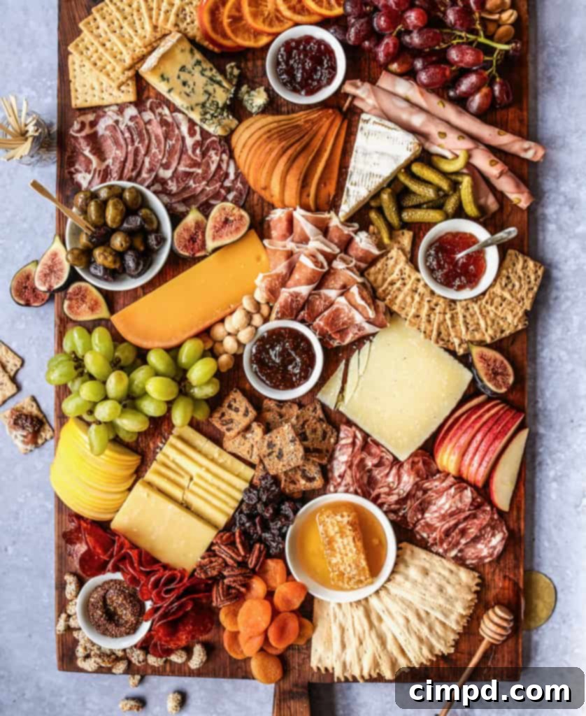 A classic cheese and charcuterie board artfully arranged with various cheeses, cured meats, crackers, fruits, and nuts.