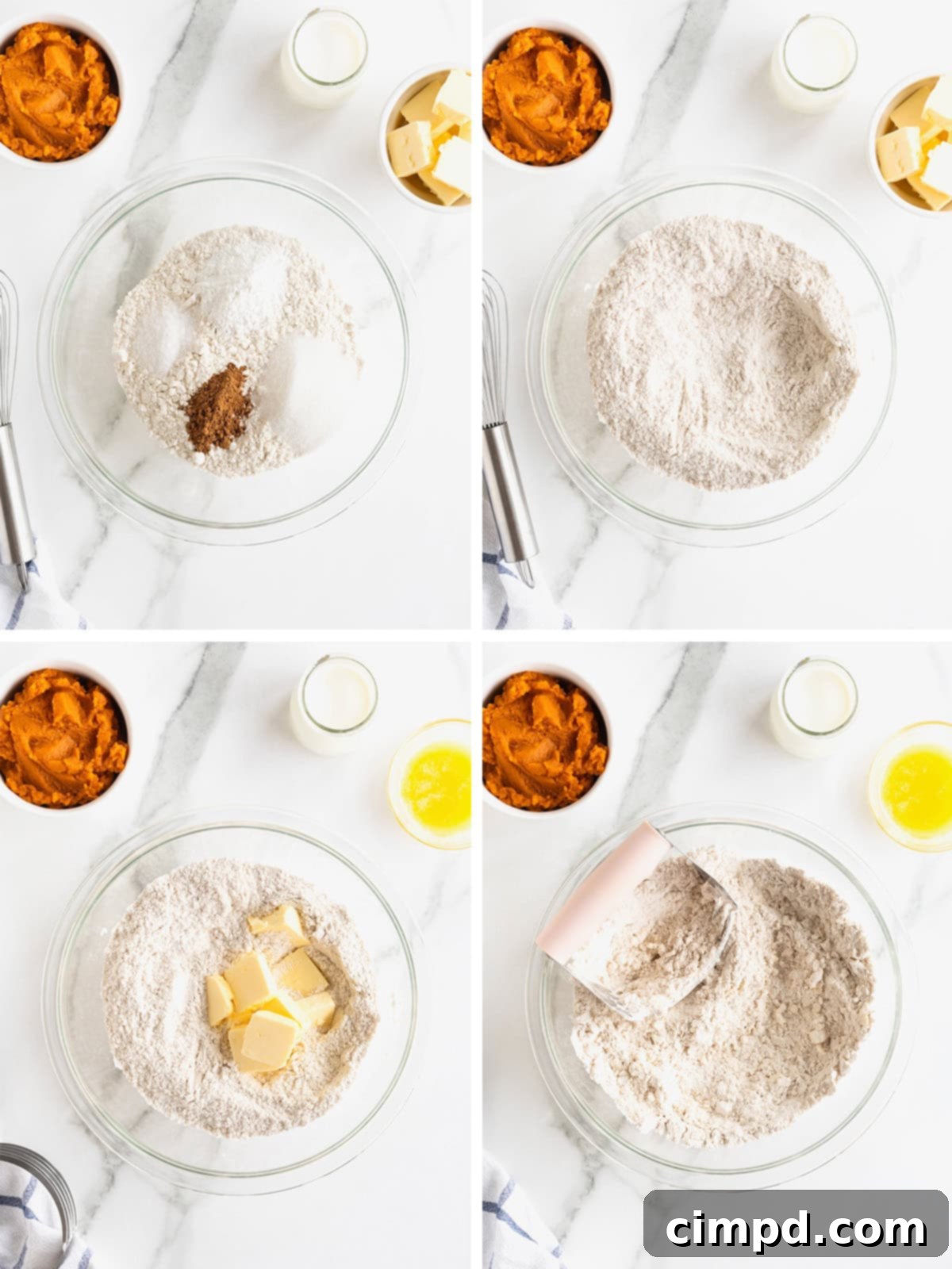 Image showing the step of cutting butter into dry ingredients for pumpkin biscuits.