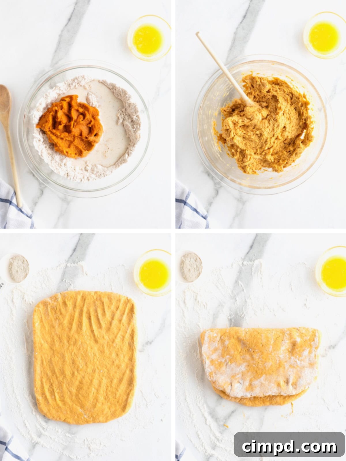 Image demonstrating the folding technique for pumpkin biscuit dough to create flaky layers.