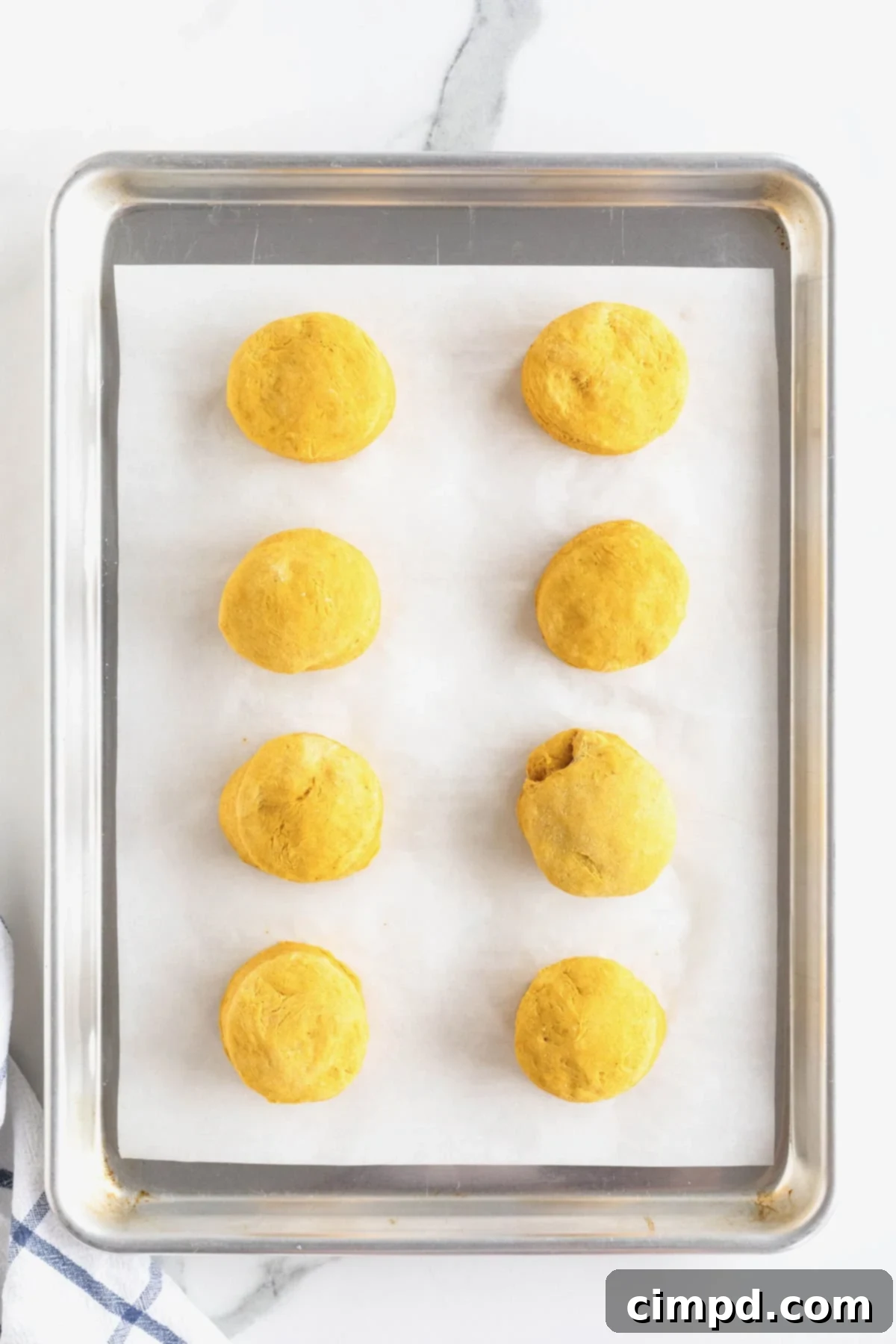 Eight perfectly baked golden-brown pumpkin biscuits on an aluminum baking tray lined with parchment paper.