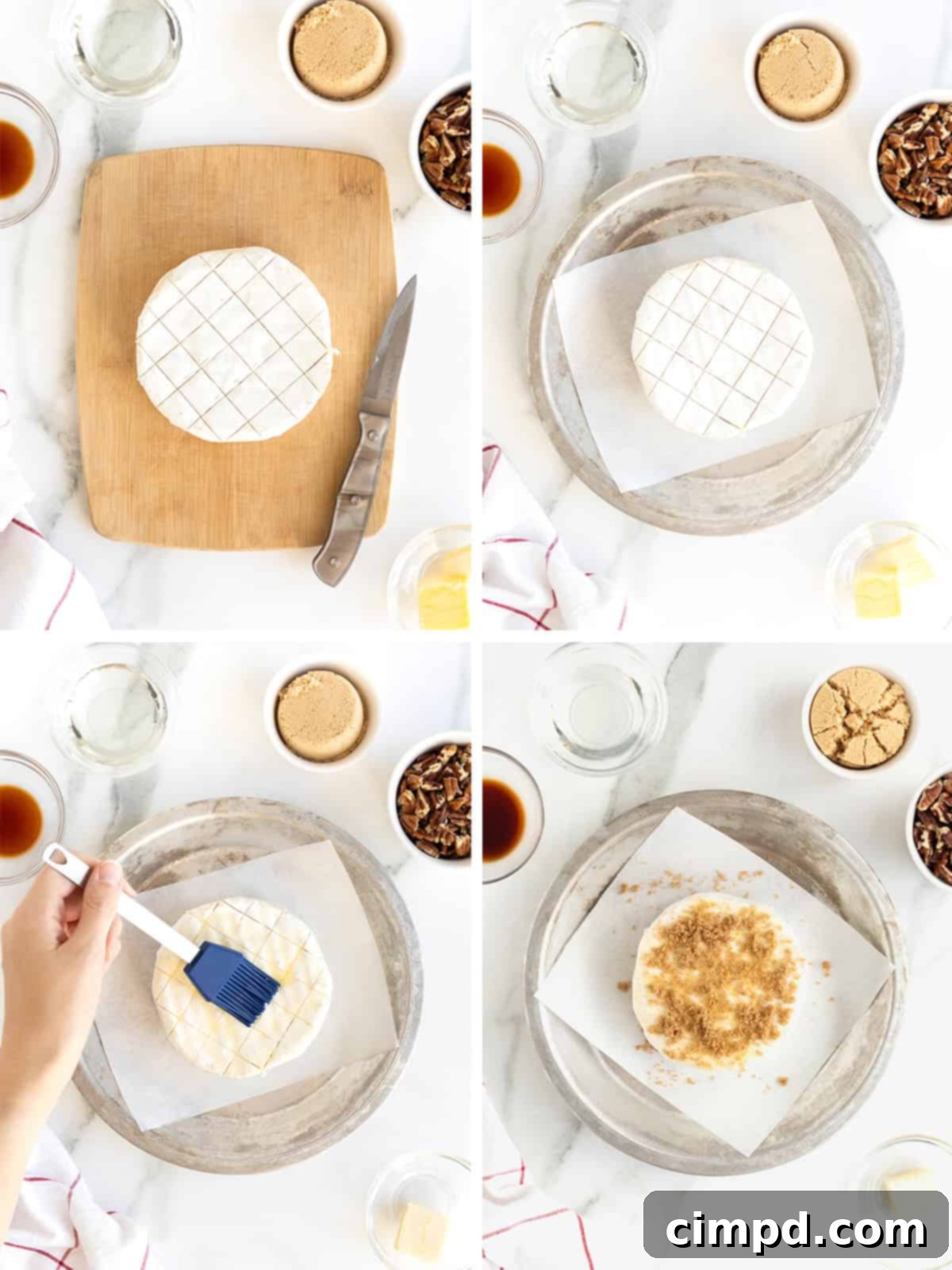 Caramel Pecan Baked Brie 6 Steps to make pecan pie baked brie.