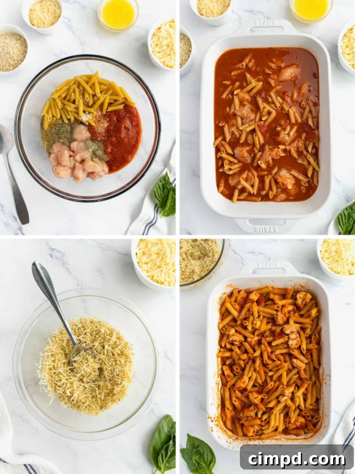 Steps to make chicken parmesan casserole.