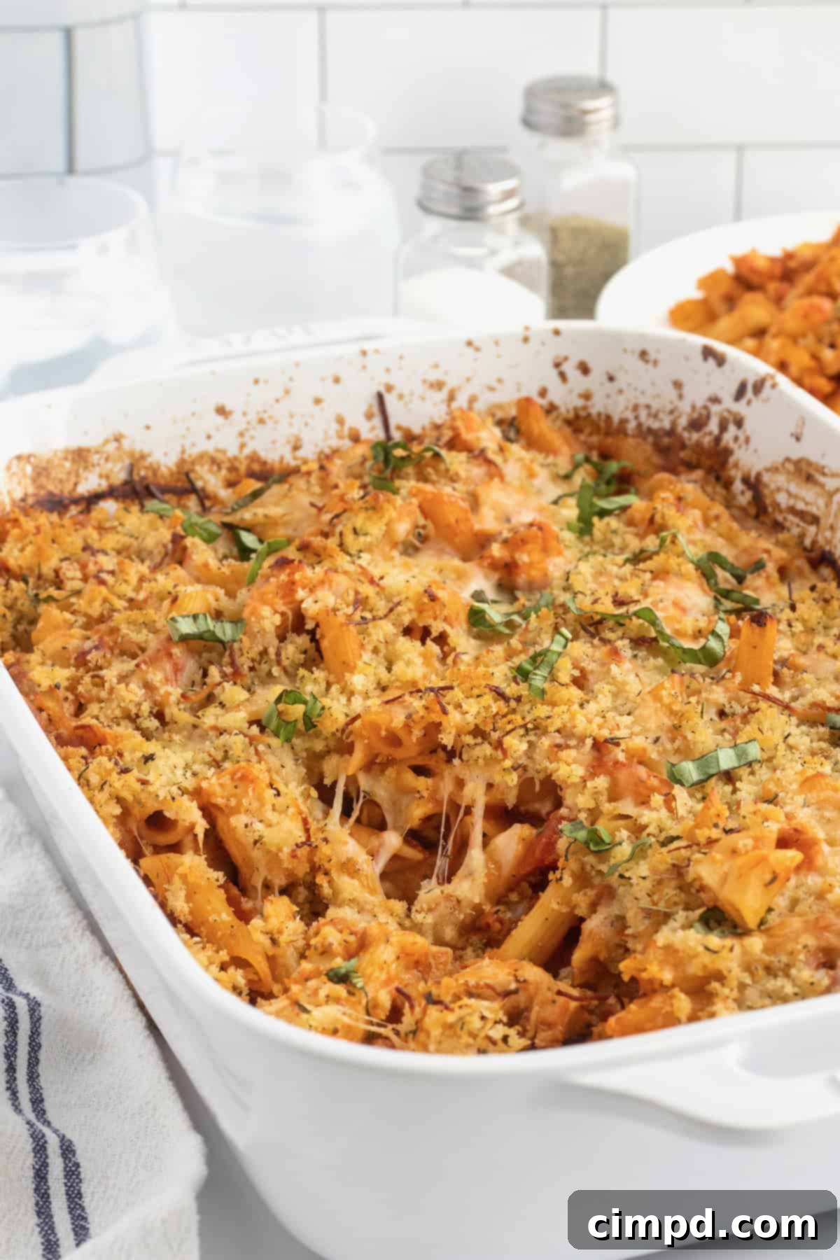 A white casserole dish of chicken parmesan casserole.