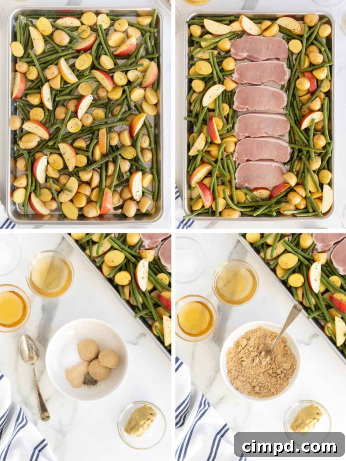 A step-by-step visual guide showing pork chops being seasoned with a delicious pork rub on a sheet pan, surrounded by prepped apples, potatoes, and green beans.