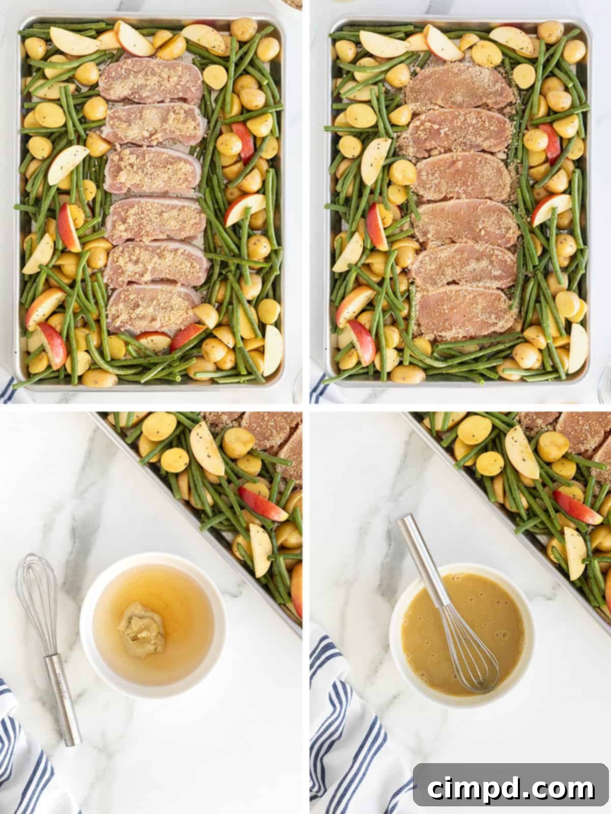 Another step in making sheet pan pork chops, showing the prepared apple cider glaze being whisked in a bowl, ready to be poured over the ingredients.