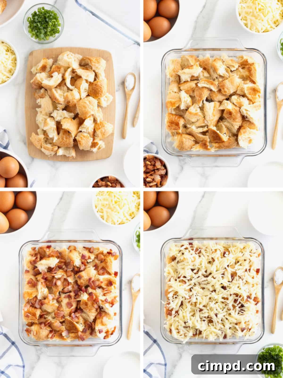 Golden Croissant Breakfast Bake 6 A step-by-step visual guide showing torn croissants, bacon, and cheese layered in a baking dish, preparing for the egg mixture.