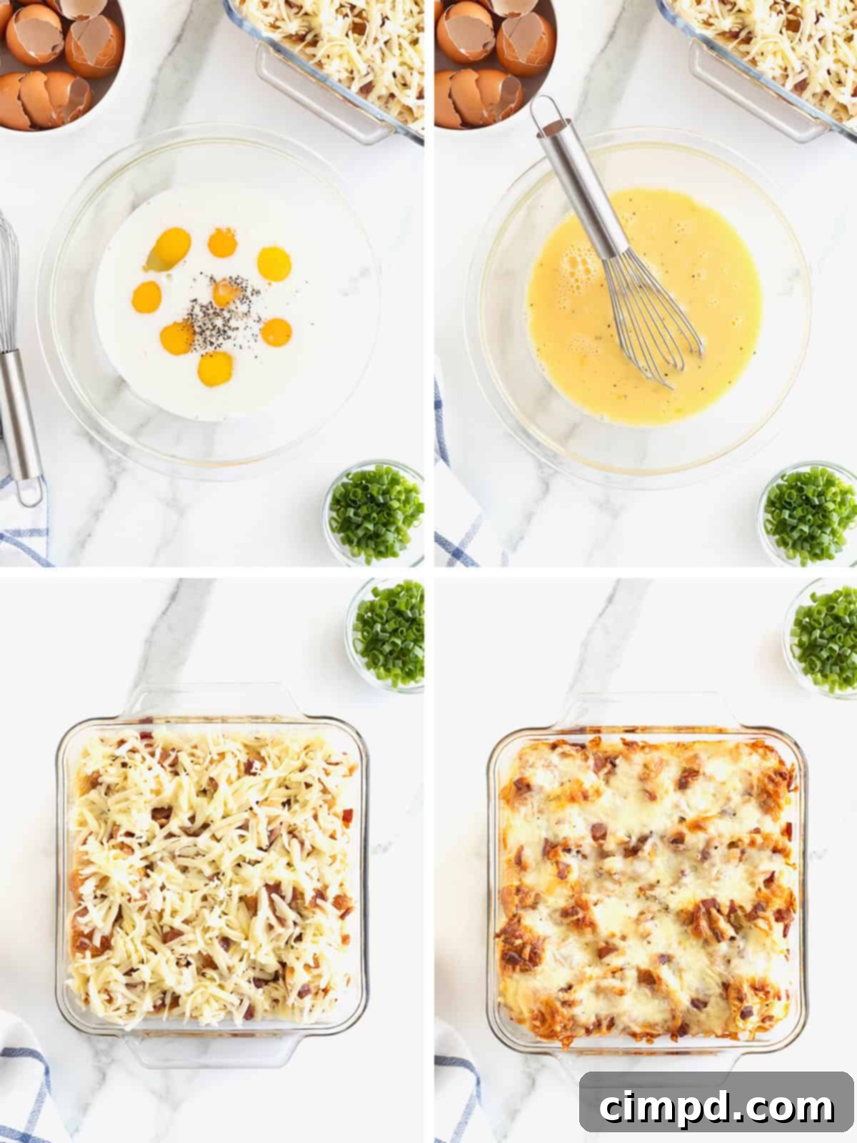 Golden Croissant Breakfast Bake 7 Another step-by-step image showing the egg mixture being poured over the layered ingredients and the casserole baking in the oven.