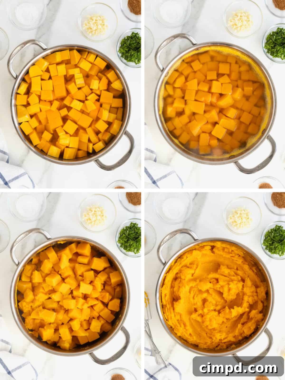 A visual step-by-step guide illustrating the process of making mashed butternut squash, showing the squash being peeled, cubed, boiled, and mashed for clarity.