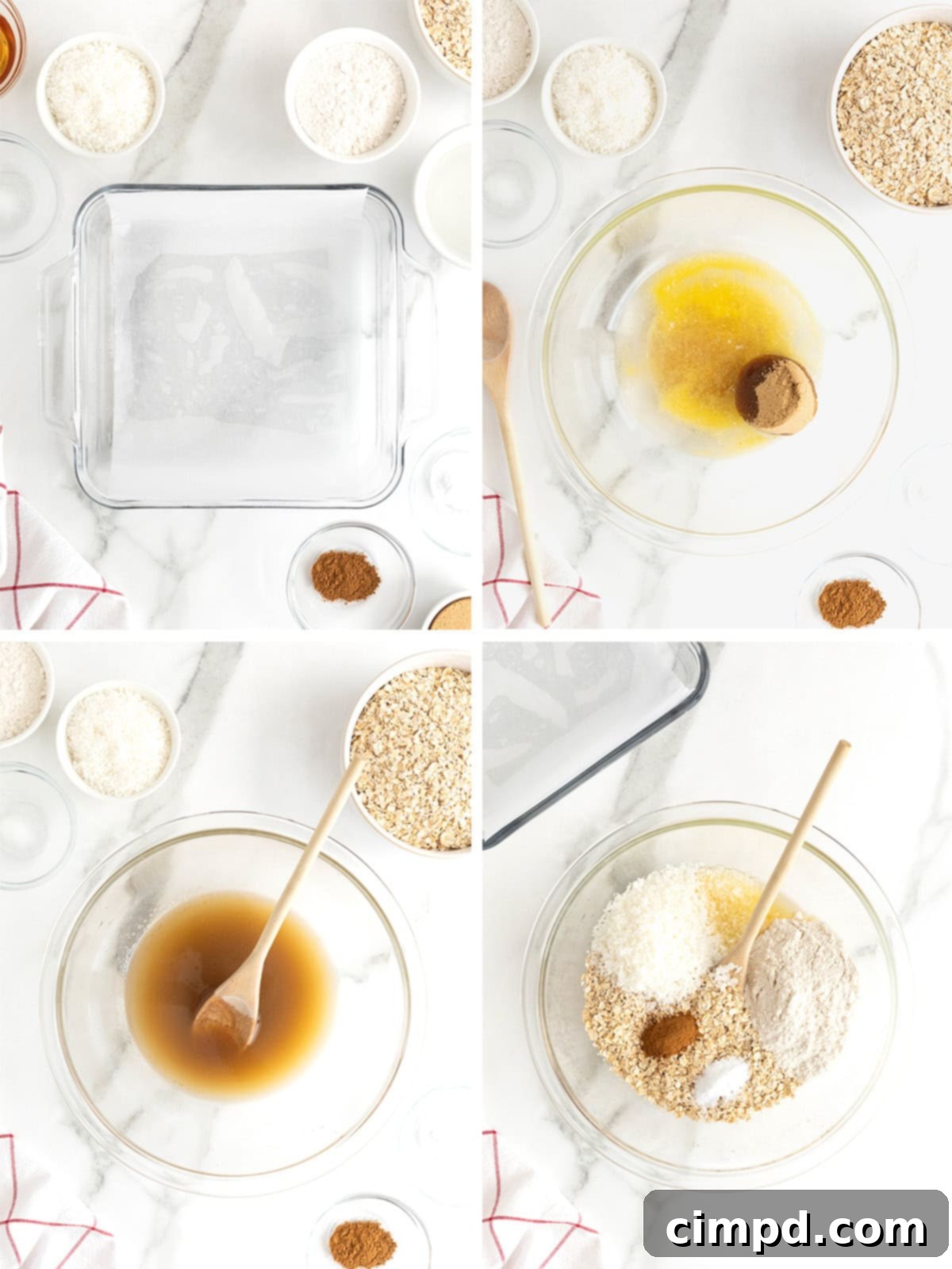 Illustrative steps showing the mixing process for Oatmeal Crunchies ingredients.