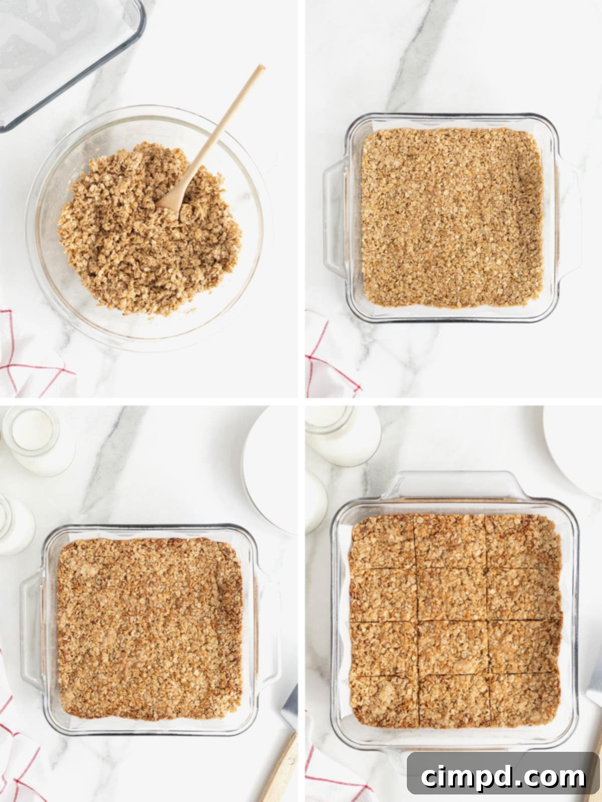 Illustrative steps showing the baking and cooling process for Oatmeal Crunchies.