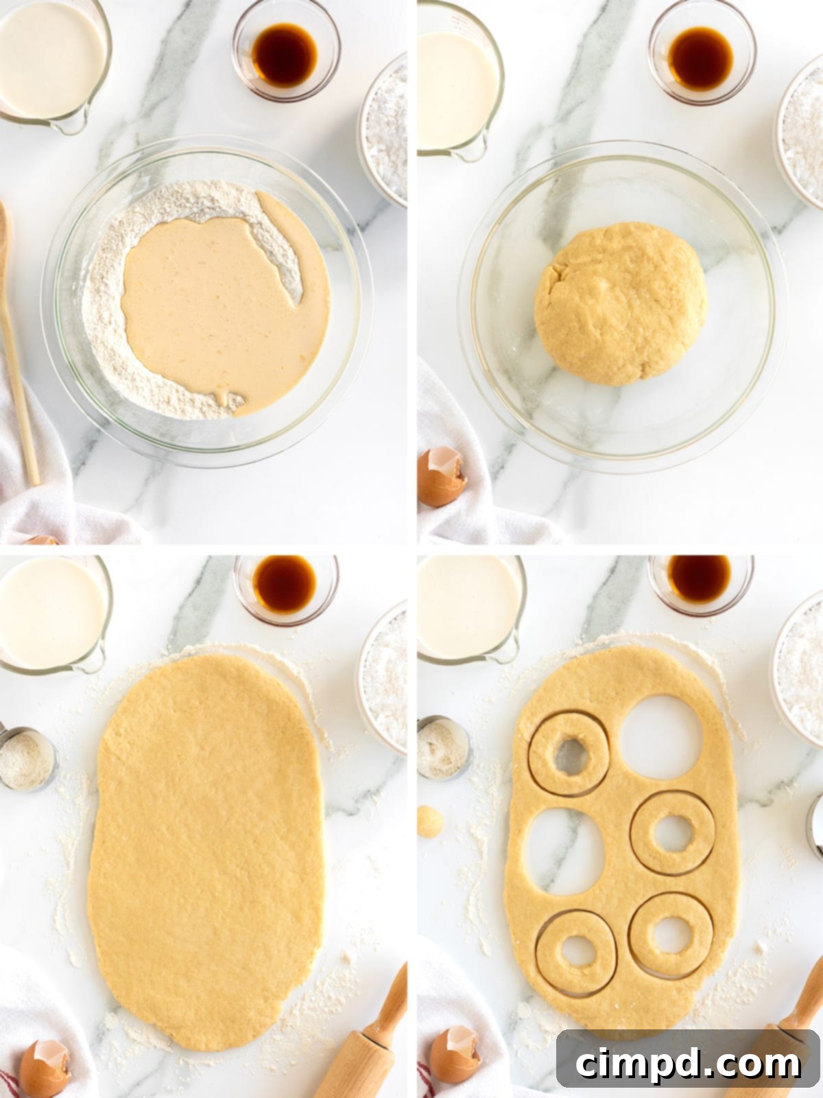 Steps to make homemade donuts.