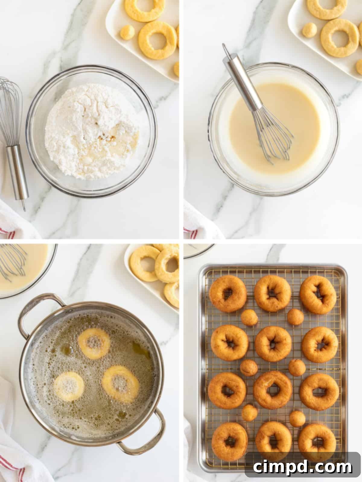 Steps to make and glaze homemade donuts.