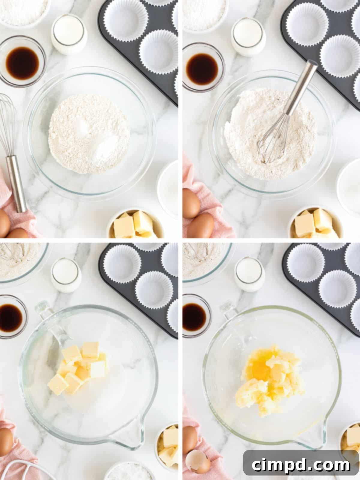 The Perfect Classic Vanilla Cupcake 6 Step-by-step visuals showing the process of mixing ingredients to create a smooth vanilla cupcake batter, demonstrating the creaming and combining phases.