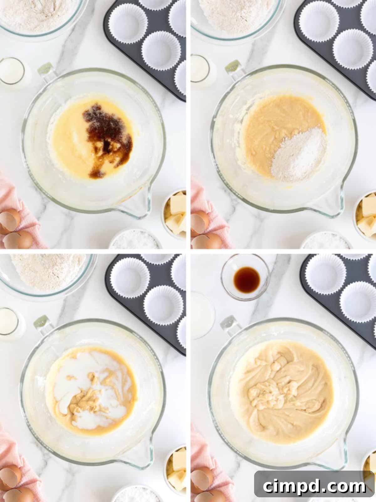 The Perfect Classic Vanilla Cupcake 7 Visual guide to completing the vanilla cupcake batter, showing the final stages of mixing wet and dry ingredients for a perfectly smooth consistency.