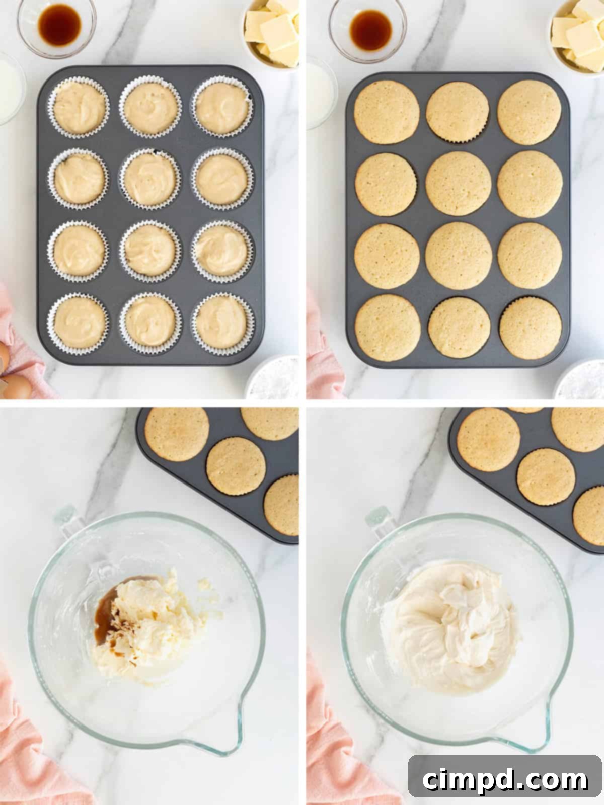 The Perfect Classic Vanilla Cupcake 8 A series of images demonstrating the full baking process for vanilla cupcakes and the creation of smooth vanilla buttercream frosting.