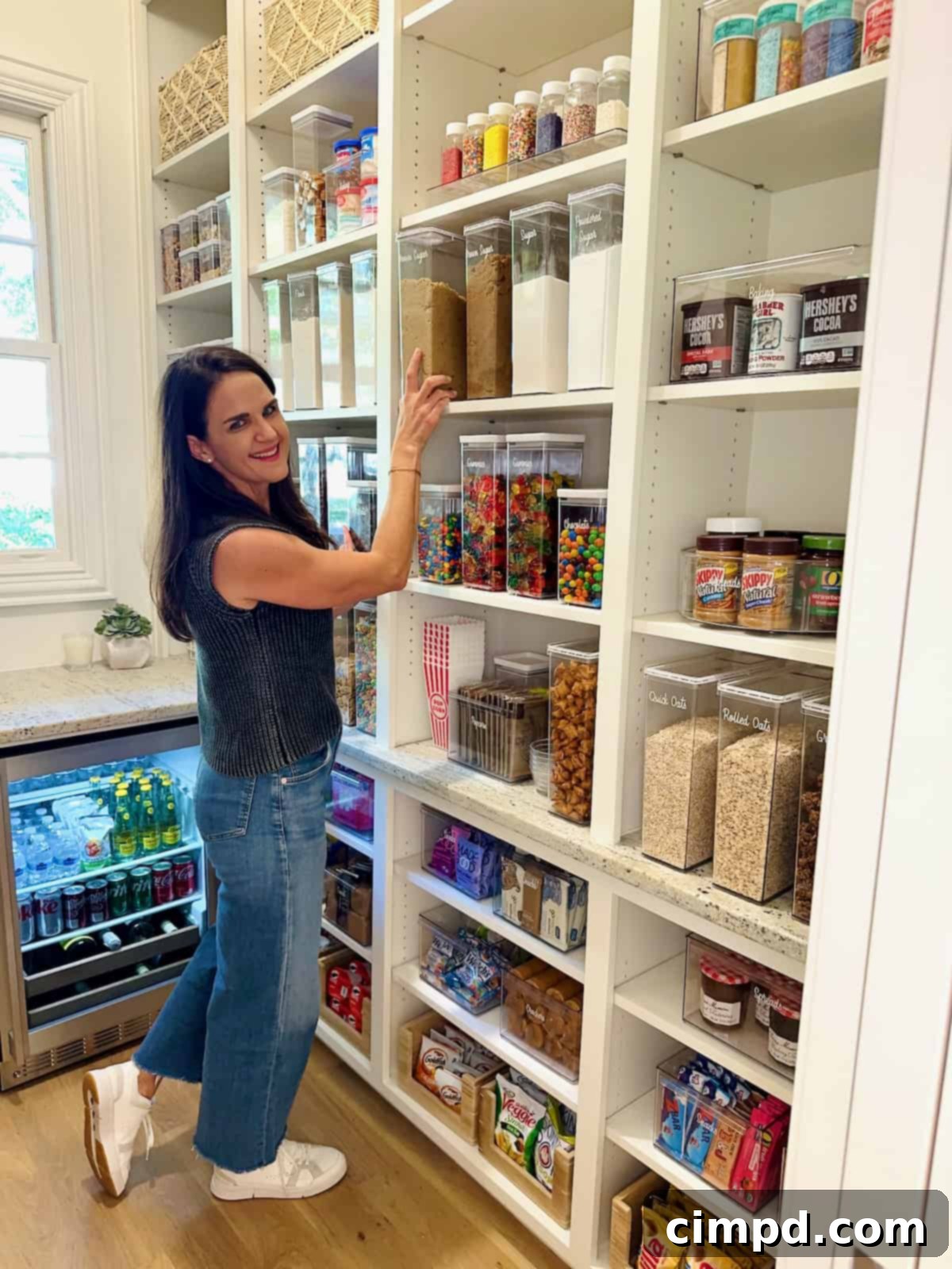 Maegan Brown, a home organization expert, in her meticulously stocked pantry, demonstrating effective organization.