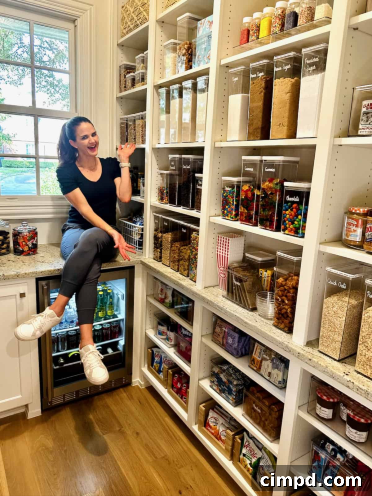Maegan Brown casually seated on the counter above a modern beverage fridge in her immaculate, fully stocked pantry, enjoying the fruits of her organization.