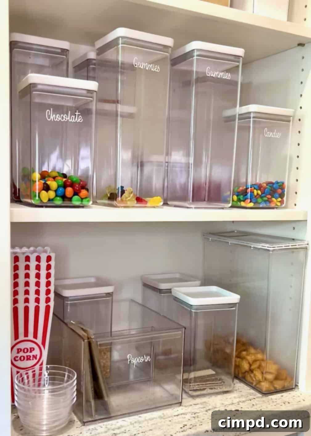 Several empty clear storage containers neatly arranged in a clean pantry, ready for restocking after inventory.