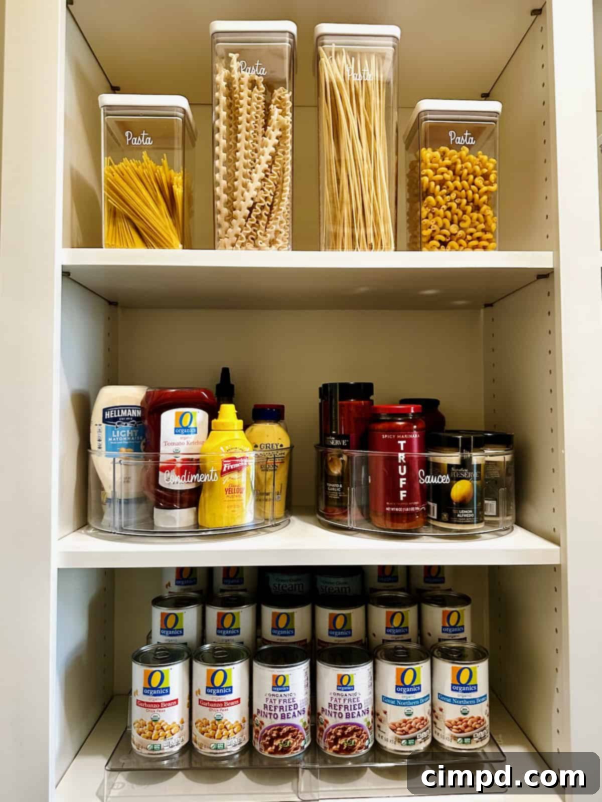 A neatly organized pantry section displaying rows of various canned goods and different types of pasta, categorized for easy access.