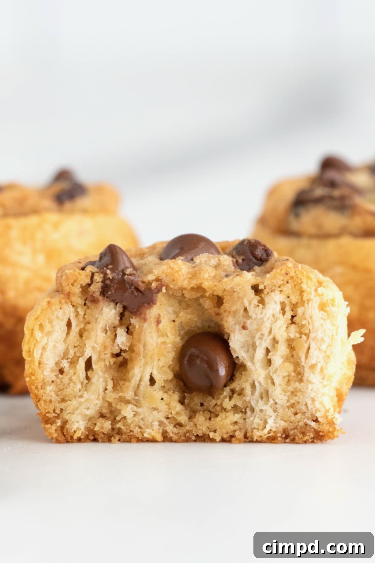 A chocolate chip cookie dough cruffin on a parchment lined cooling rack. The cruffin is cut in half to reveal the inside layers.