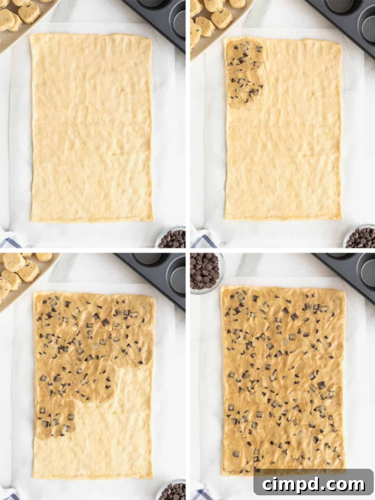 Steps to make chocolate chip cookie dough cruffins.